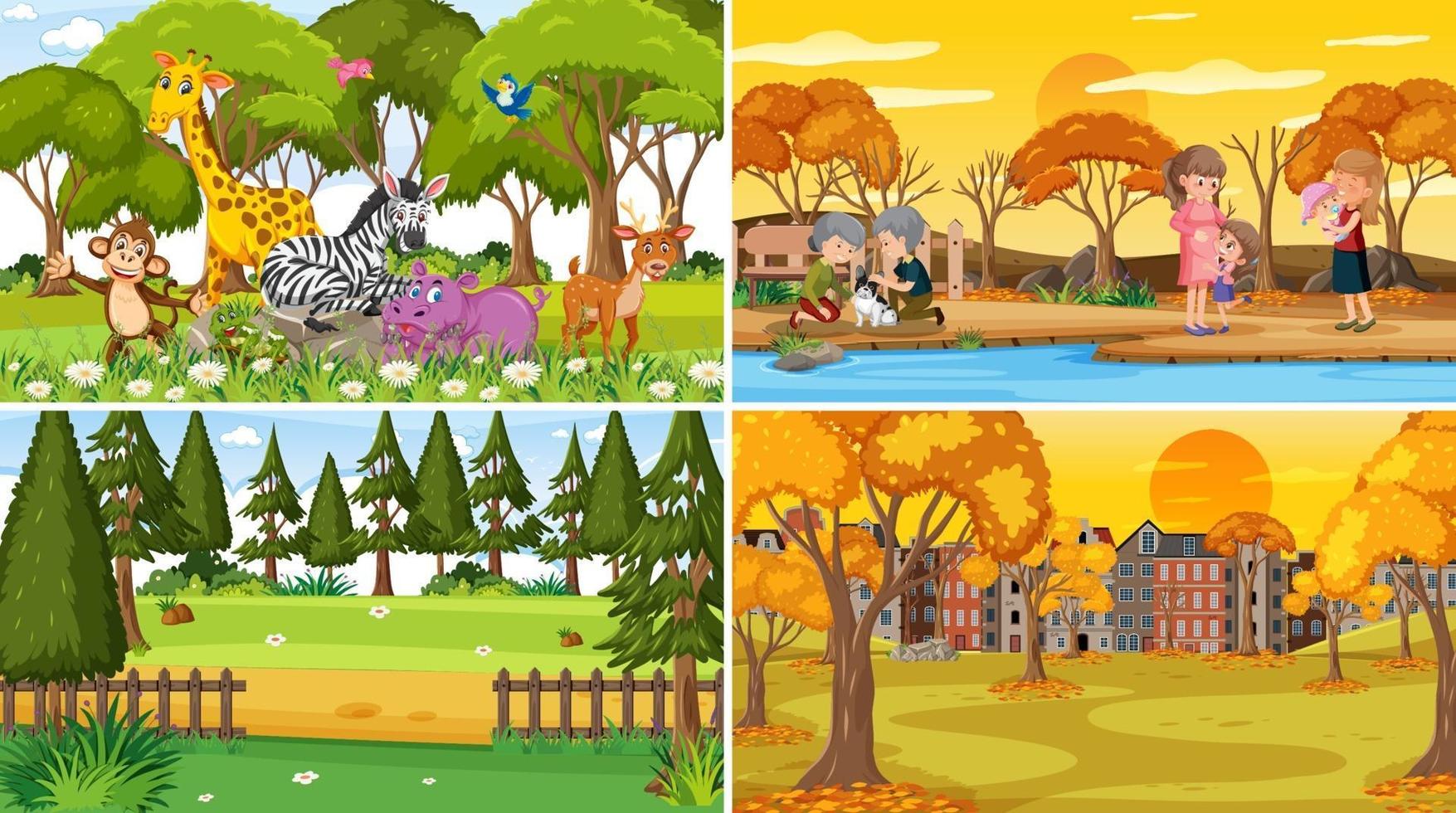 Set of different nature scenes background with people vector