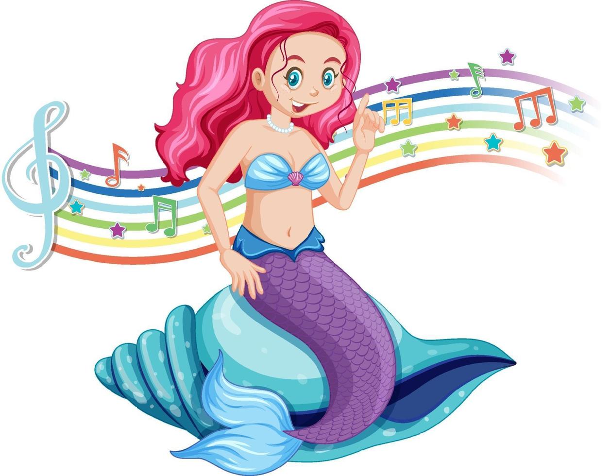 Beautiful mermaid with melody symbols on rainbow vector