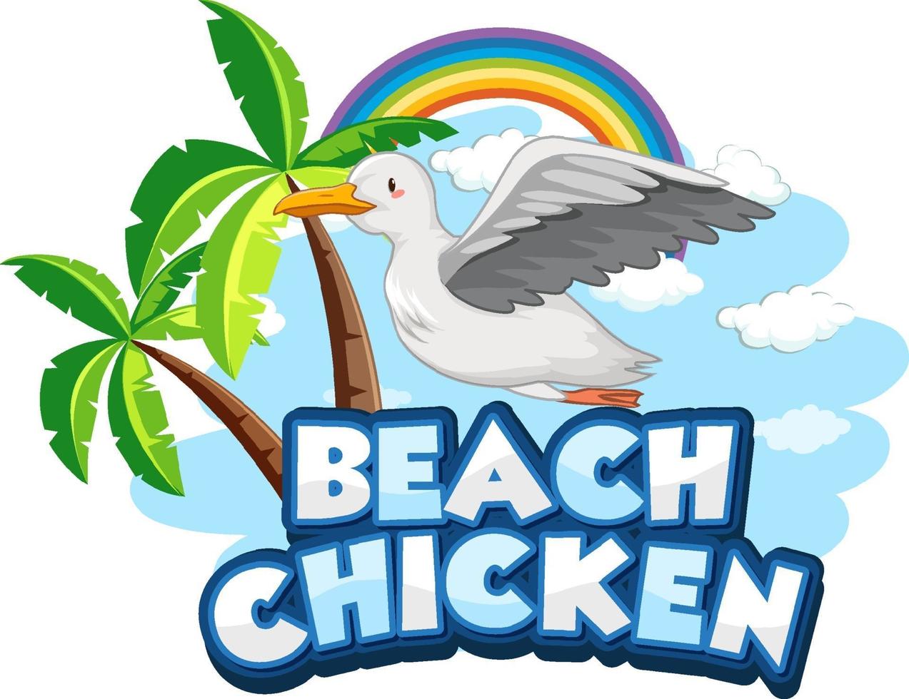 Seagull bird cartoon character with Beach Chicken font banner isolated vector