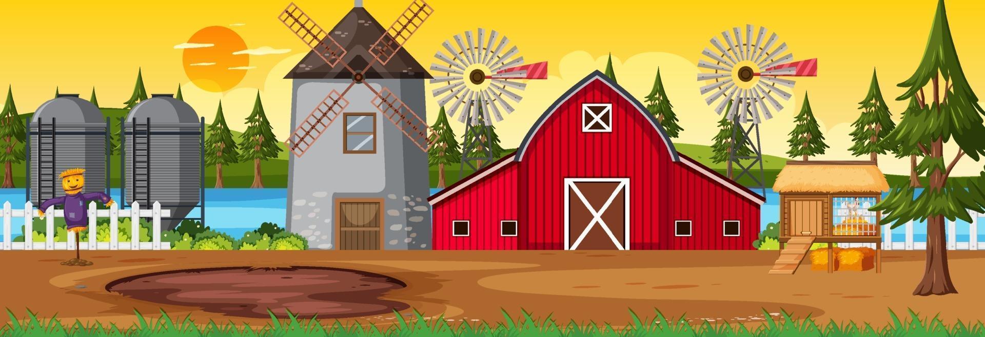 Farmland horizontal scene with barn and windmill at sunset time vector