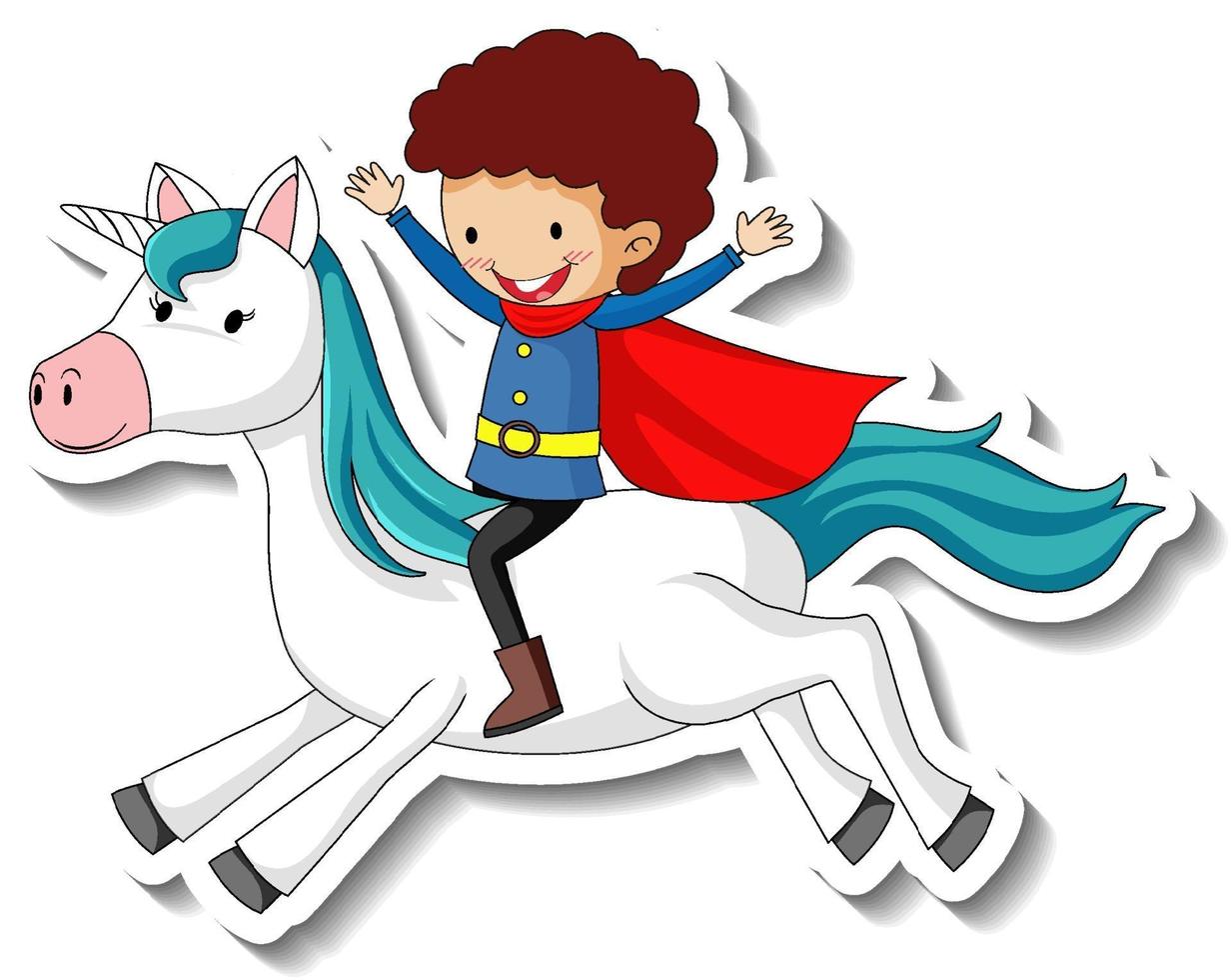 lindas pegatinas con un niño héroe montado en un personaje de dibujos animados de unicornio vector