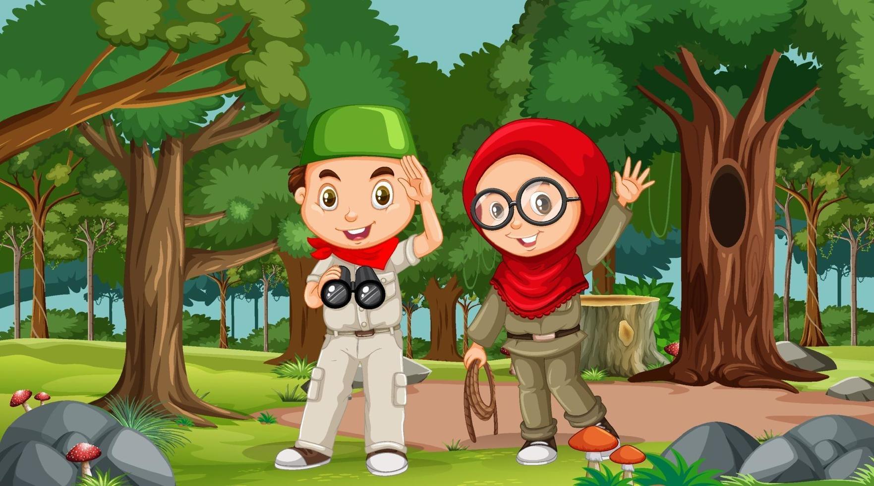 escena de la naturaleza con niños musulmanes explorando en el bosque vector