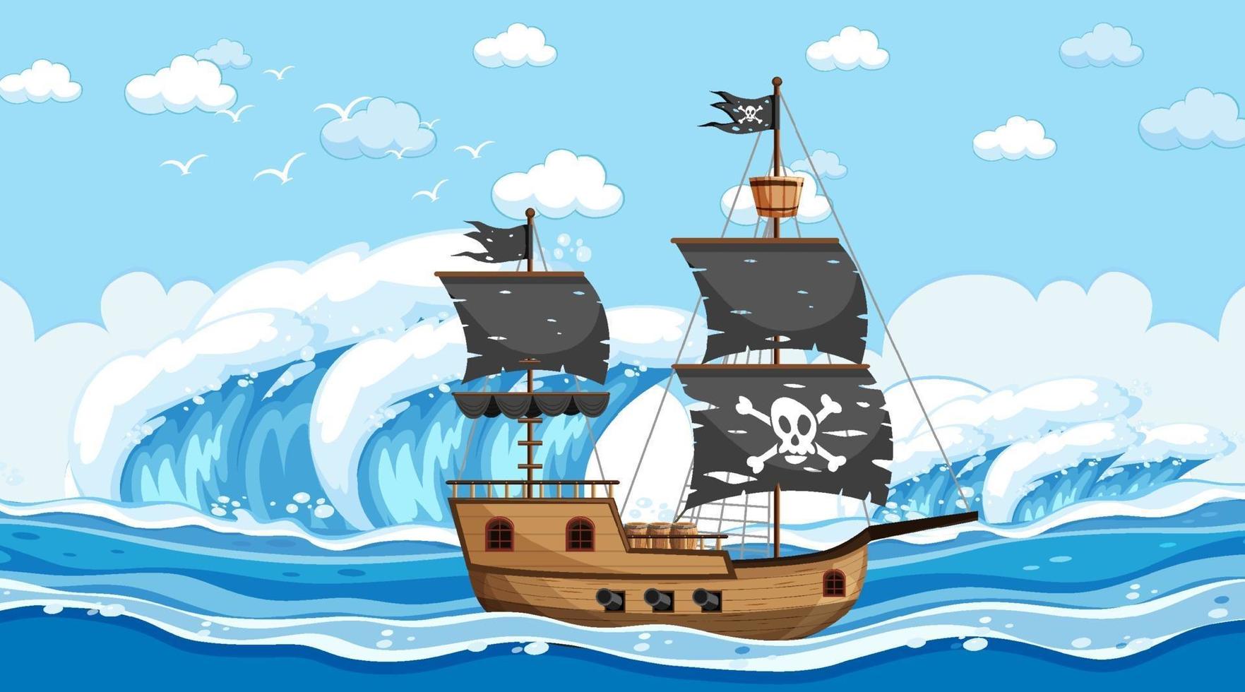 Ocean with Pirate ship at day time scene in cartoon style vector