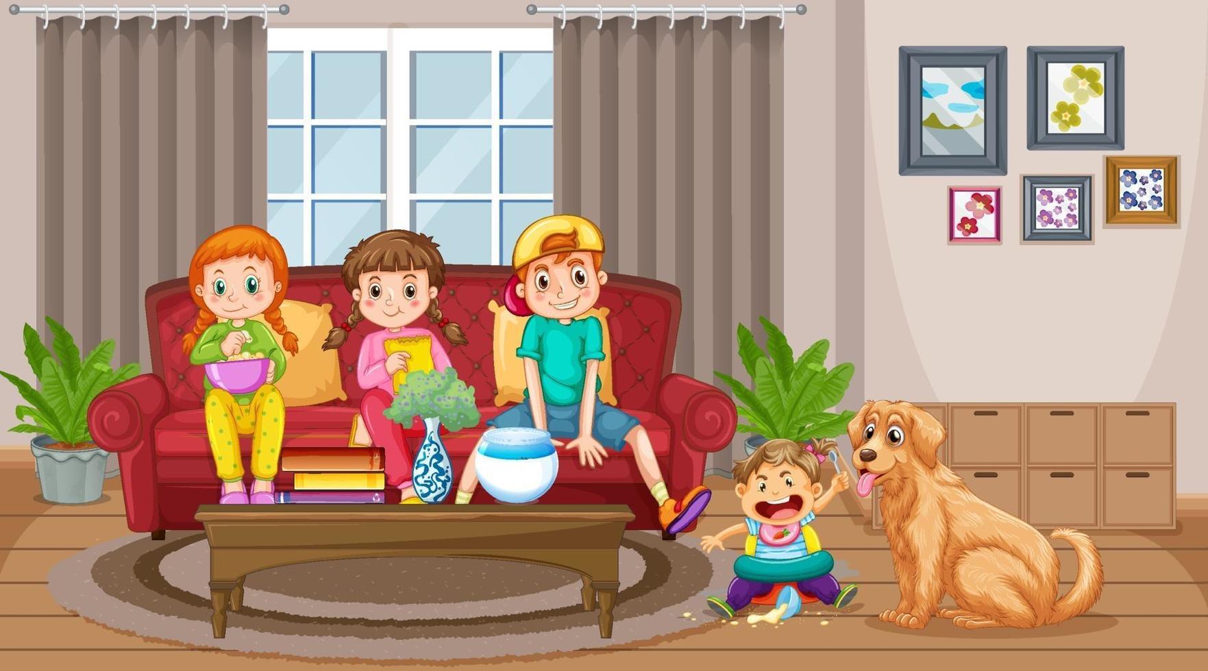 Living room scene with many children and cute dog vector