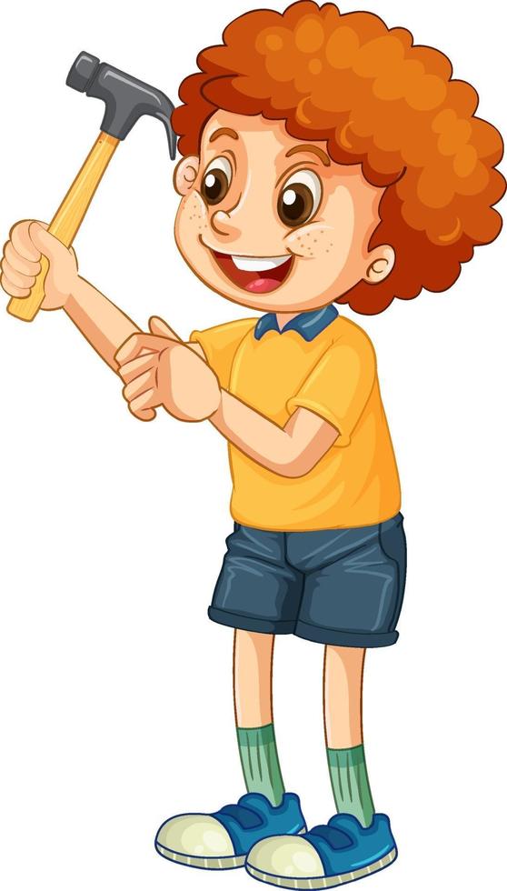 A boy holding hammer on white background vector