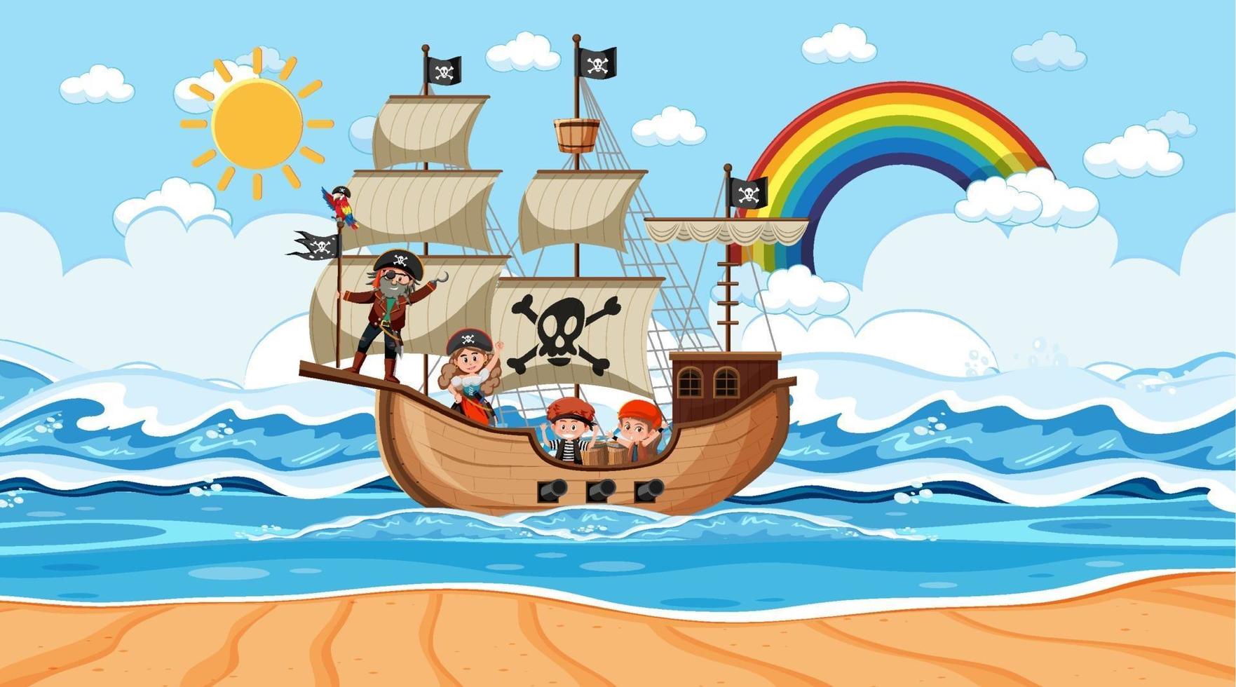 playa con barco pirata en la escena diurna en estilo de dibujos animados vector