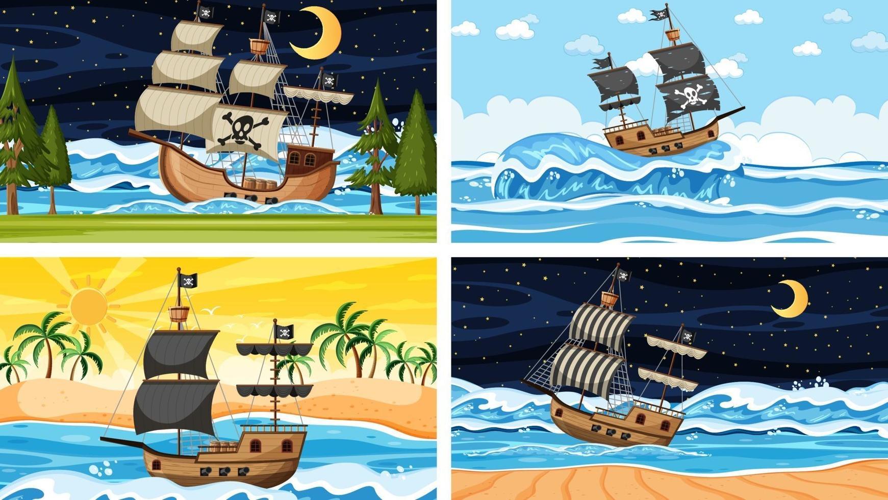 Ocean scenes with Pirate ship in cartoon style vector