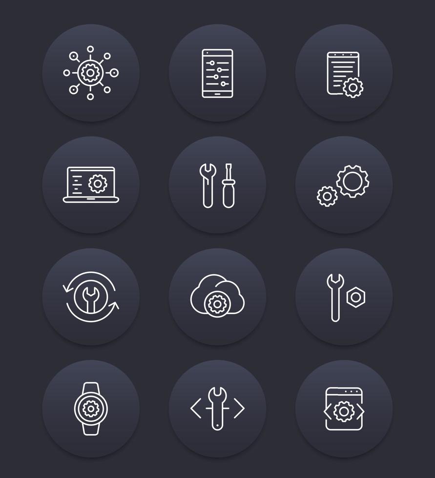 desarrollo, ingeniería, configuración, iconos de línea de configuración vector