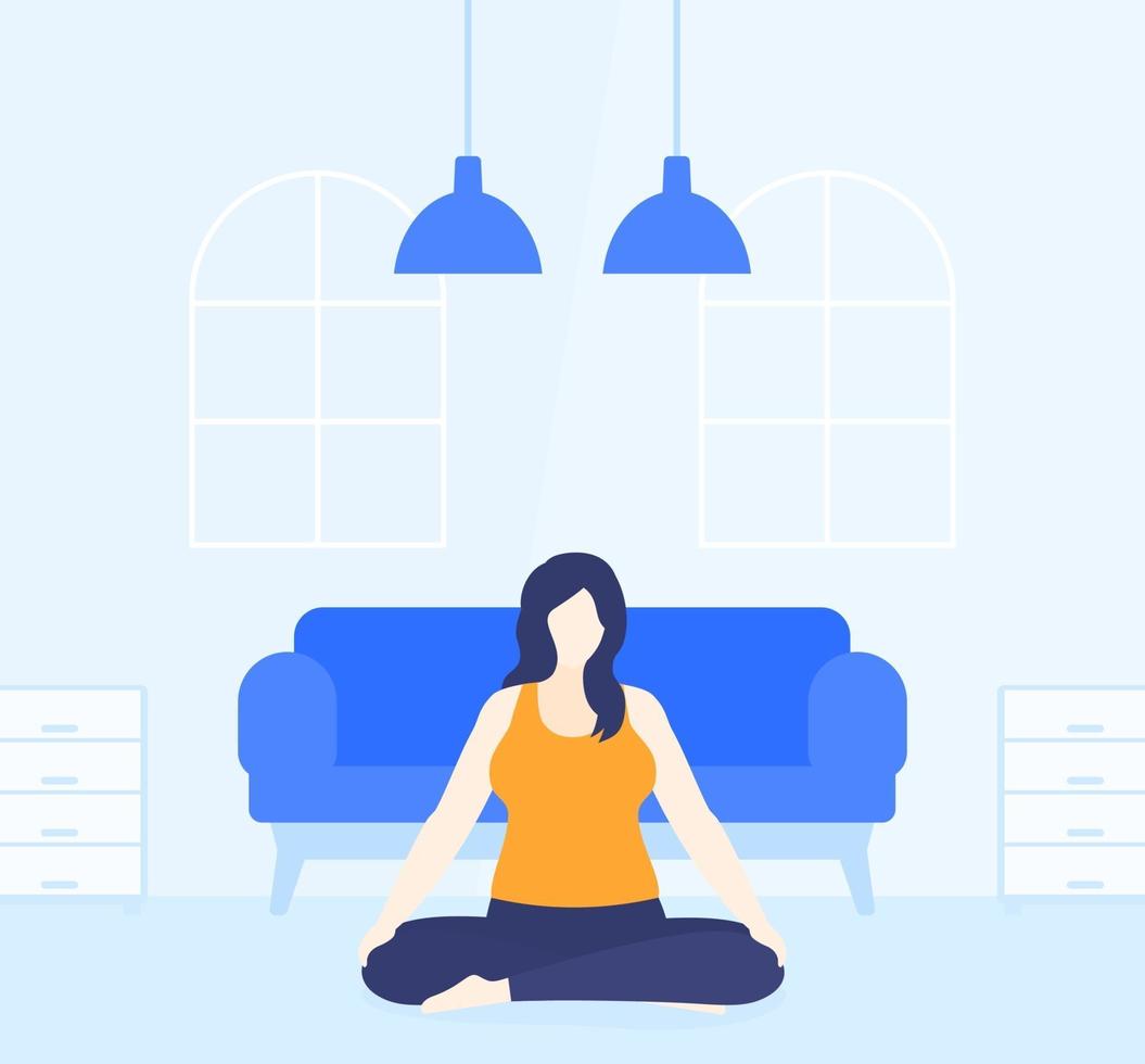 yoga, plus size woman meditates at home vector