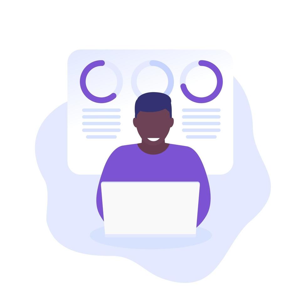 data analytics, man working with laptop, vector