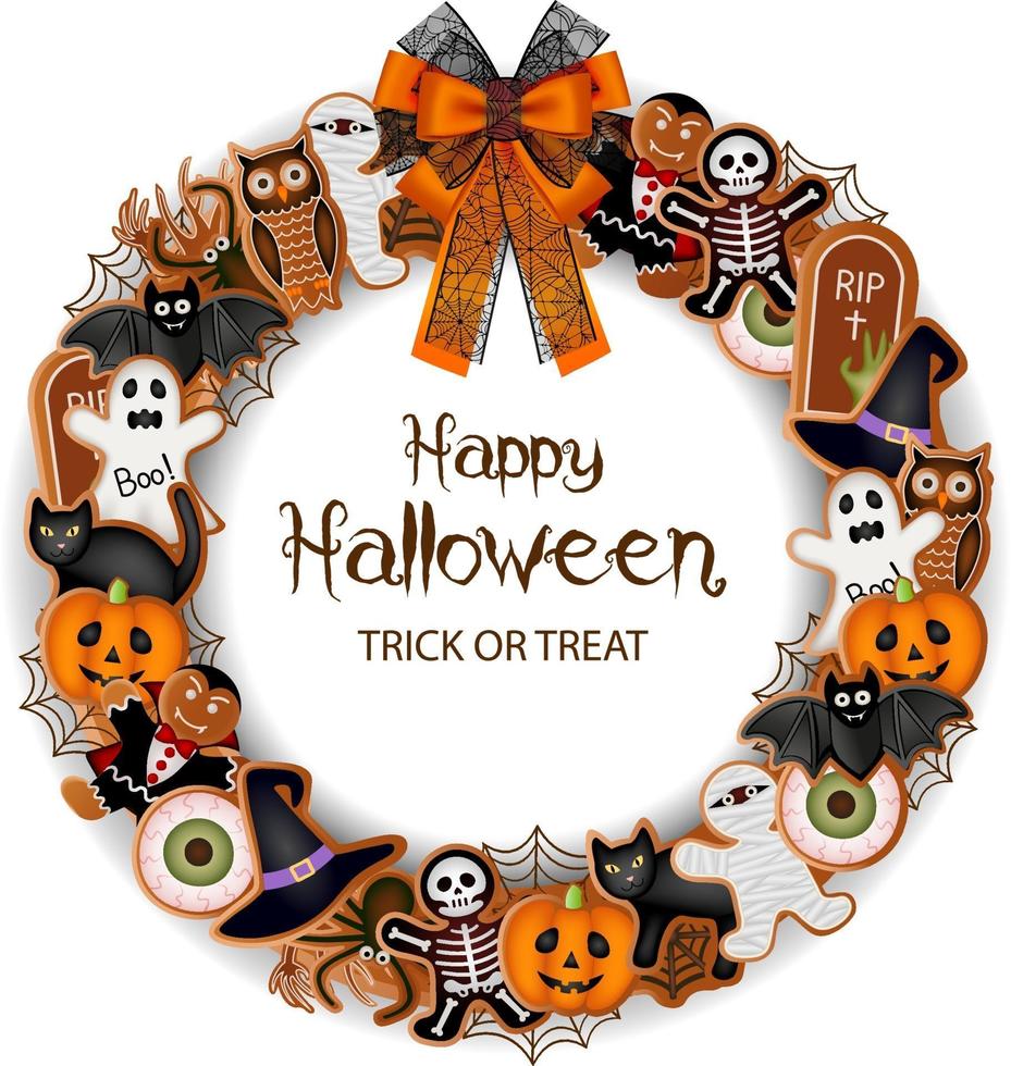 happy halloween wreath with gingerbread cookies, spiderwebs and bow vector