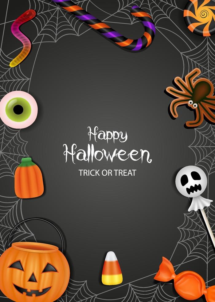 happy halloween poster with pumpkin bucket and candies vector