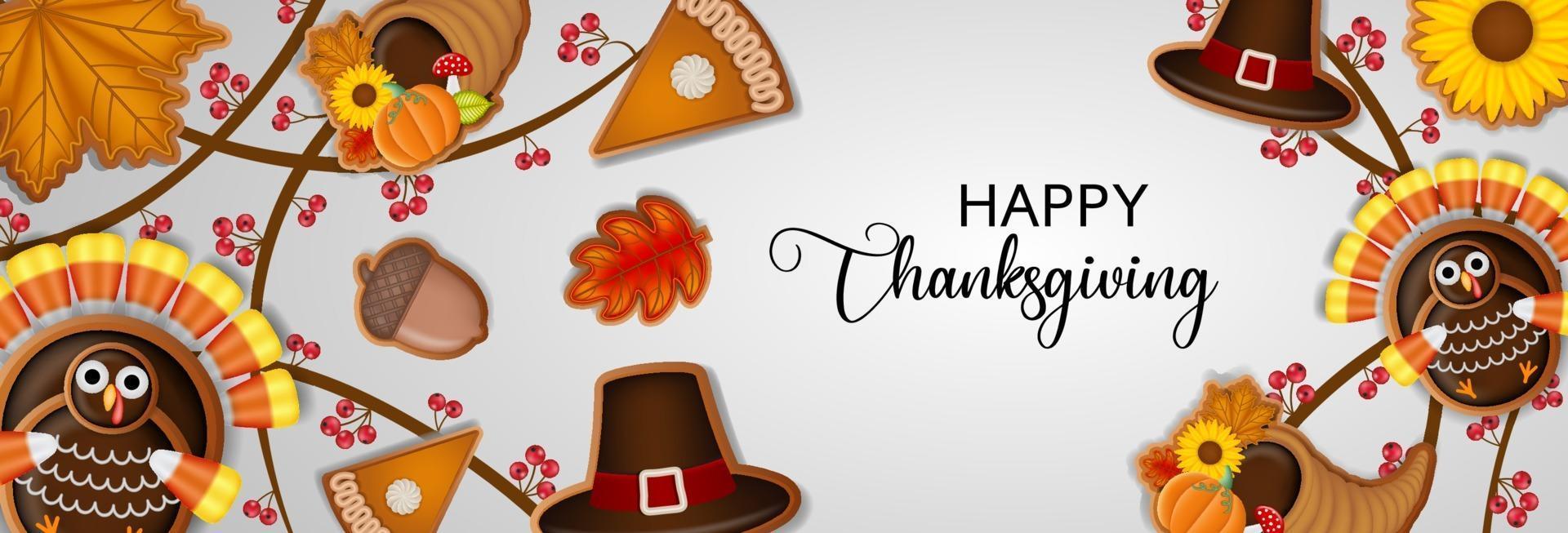 happy thanksgiving banner with gingerbread cookies vector