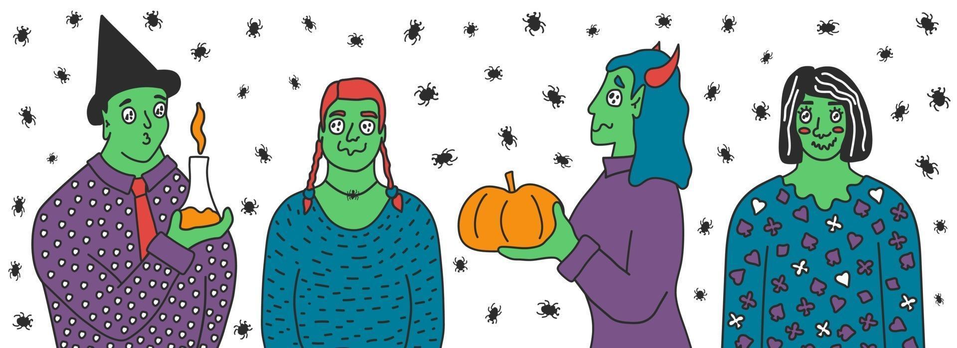 Set of Green skin magician people with pumpkins, flask with substance vector