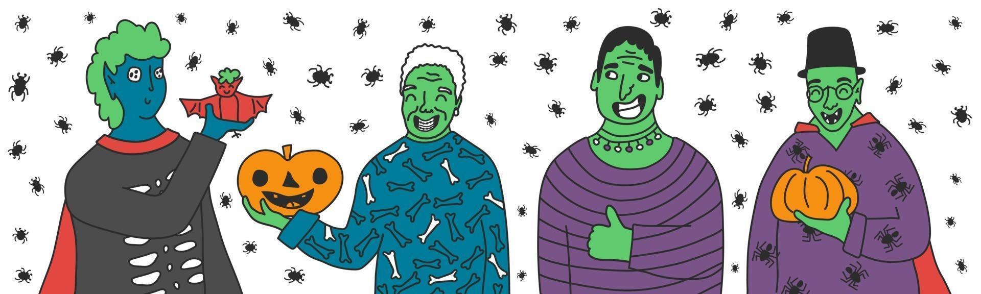grupo de personas de piel azul verde fiesta de halloween, calabazas murciélago vampiro vector