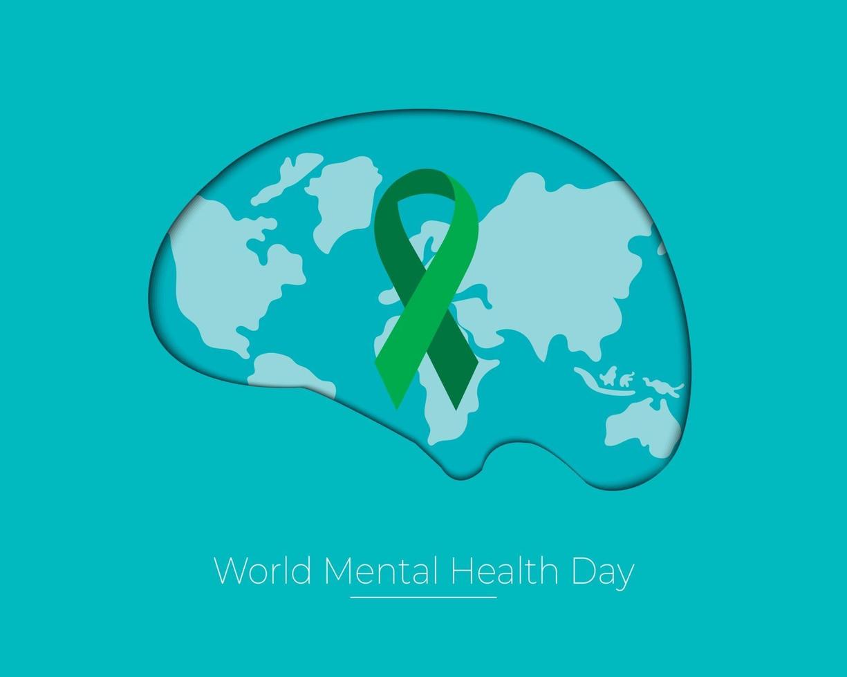 día mundial de la salud mental con mapa cinta verde papel cerebral vector