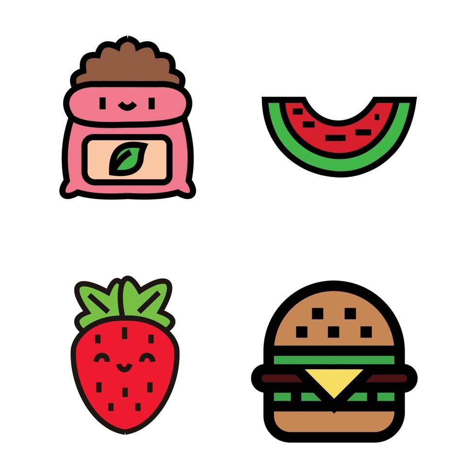 a strawberry fruit icon, a burger icon, and a watermelon icon. vector