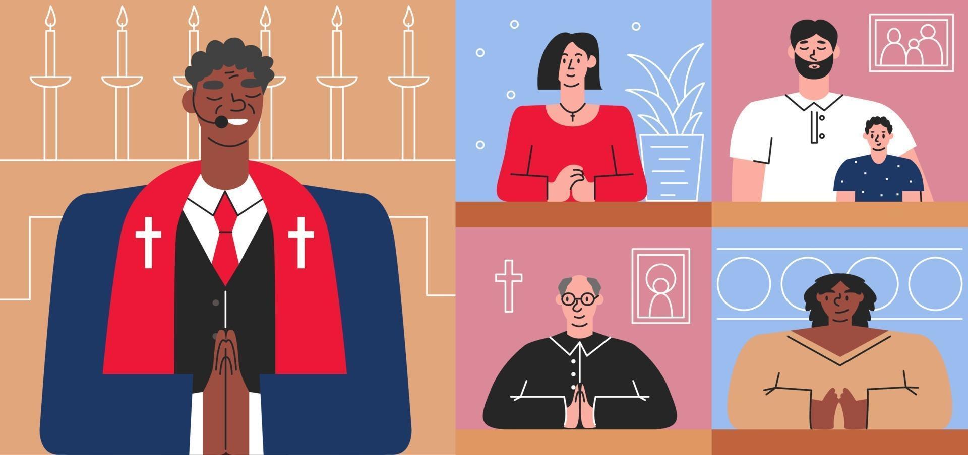 African american elderly priest praying with vector