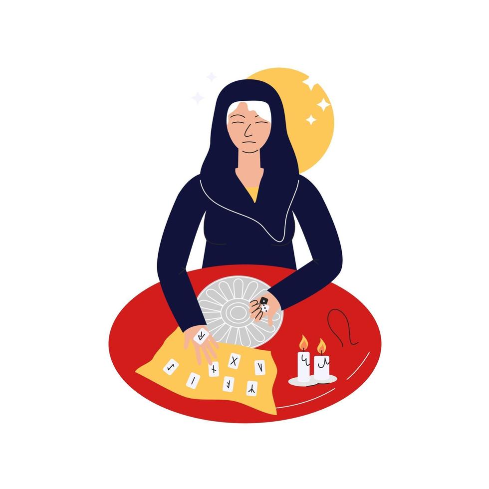 Elderly fortune teller with runes and Futhark vector