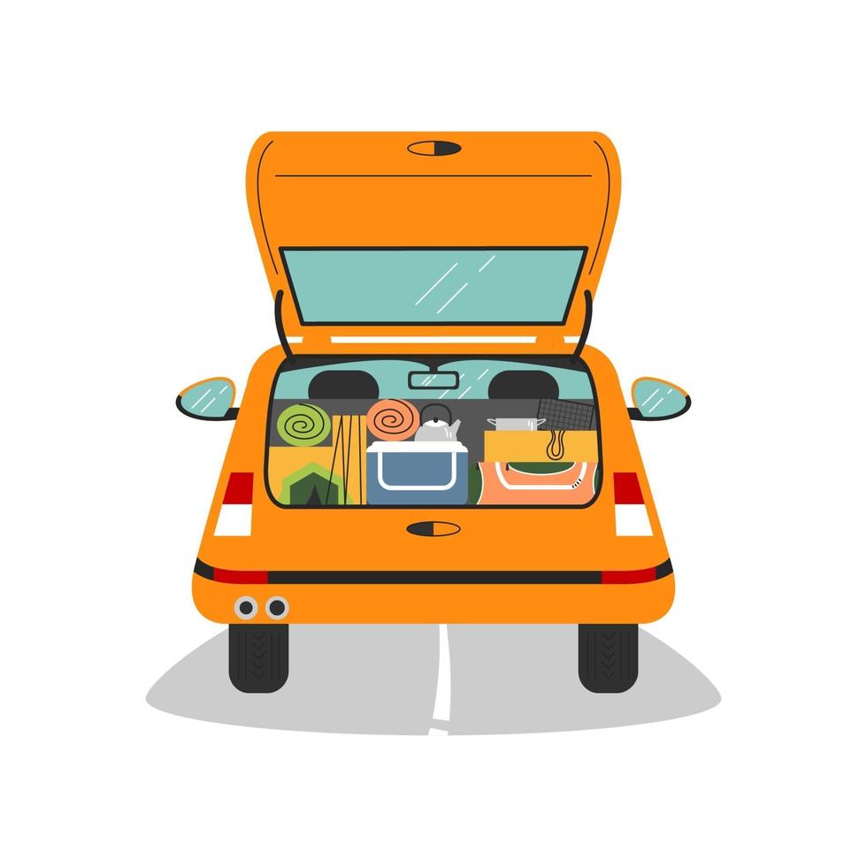 Car trunk is open and full of camping equipment vector