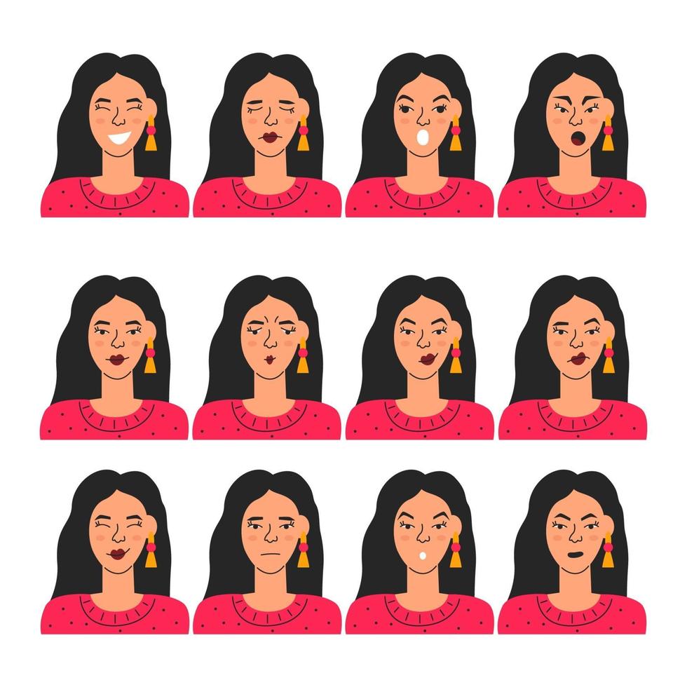 Cute female face expression set isolated on white vector