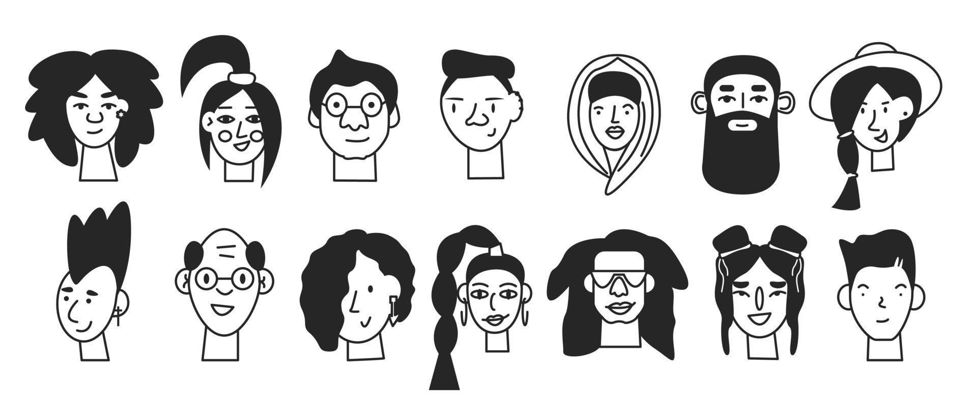 Doodle black minimal human face icons isolated vector