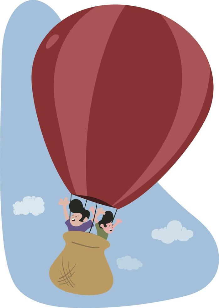 Red Hot Air Balloon with 2 people flying across the sky. Blue sky background with clouds. Holiday Activities for adventure and sightseeing. vector