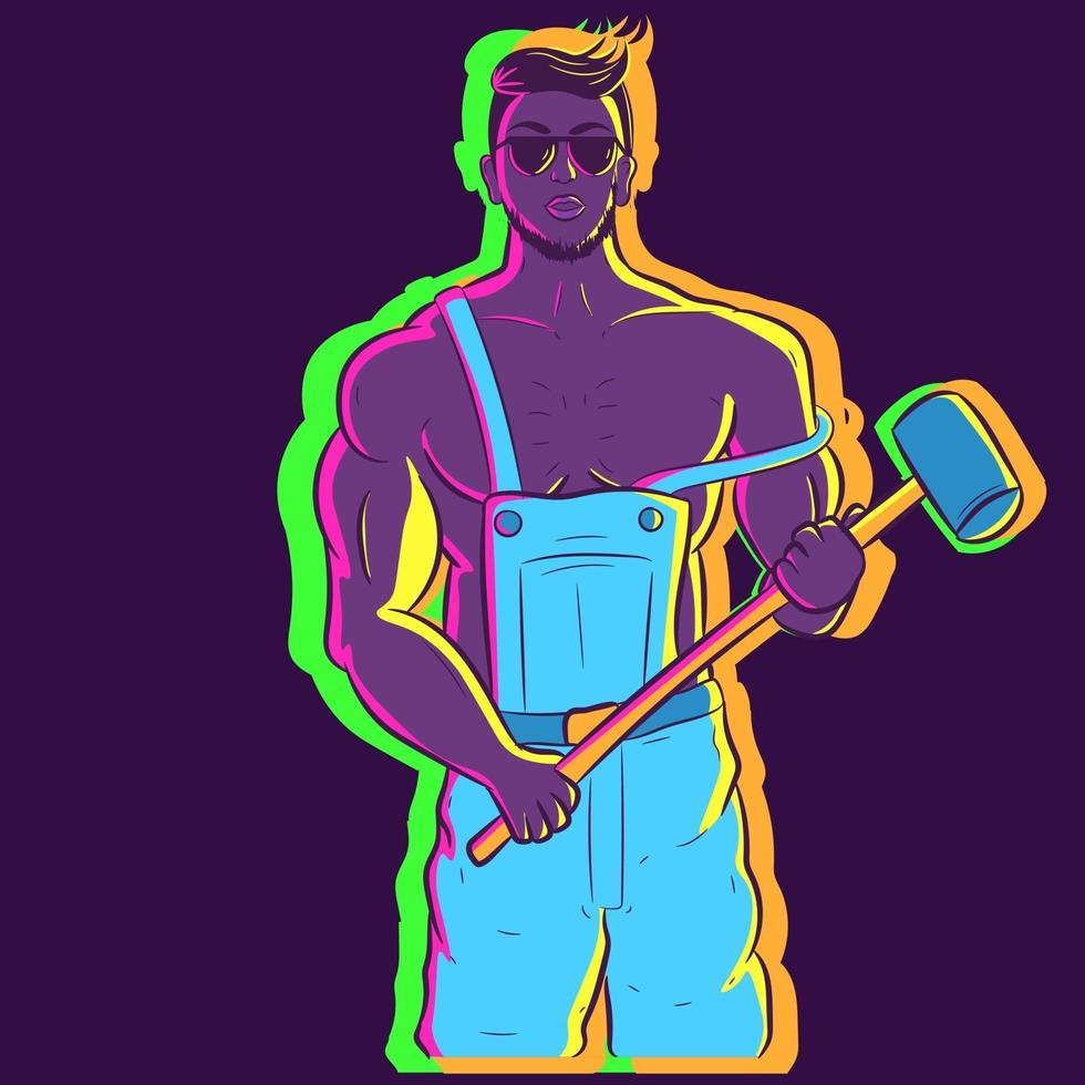 Ilustración de neón de un tipo musculoso sosteniendo un mazo vector