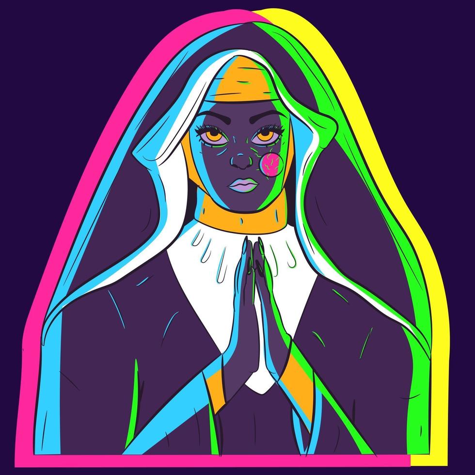 Neon illustration of a praying nun with a big hairy mole on her face vector