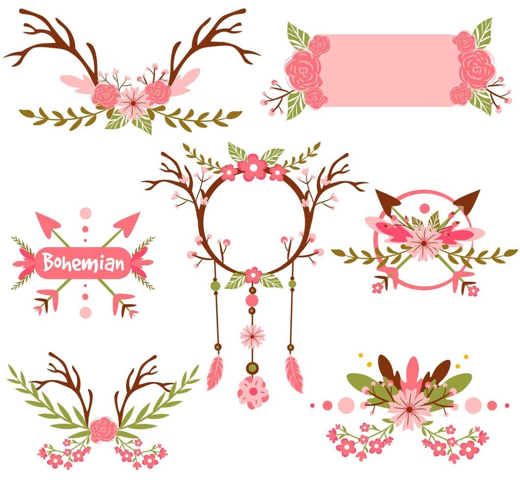 Boho and hippie elements pack with floral motifs vector