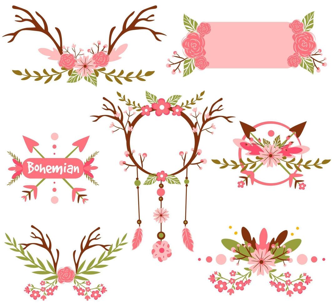 pack de elementos boho y hippie con motivos florales vector