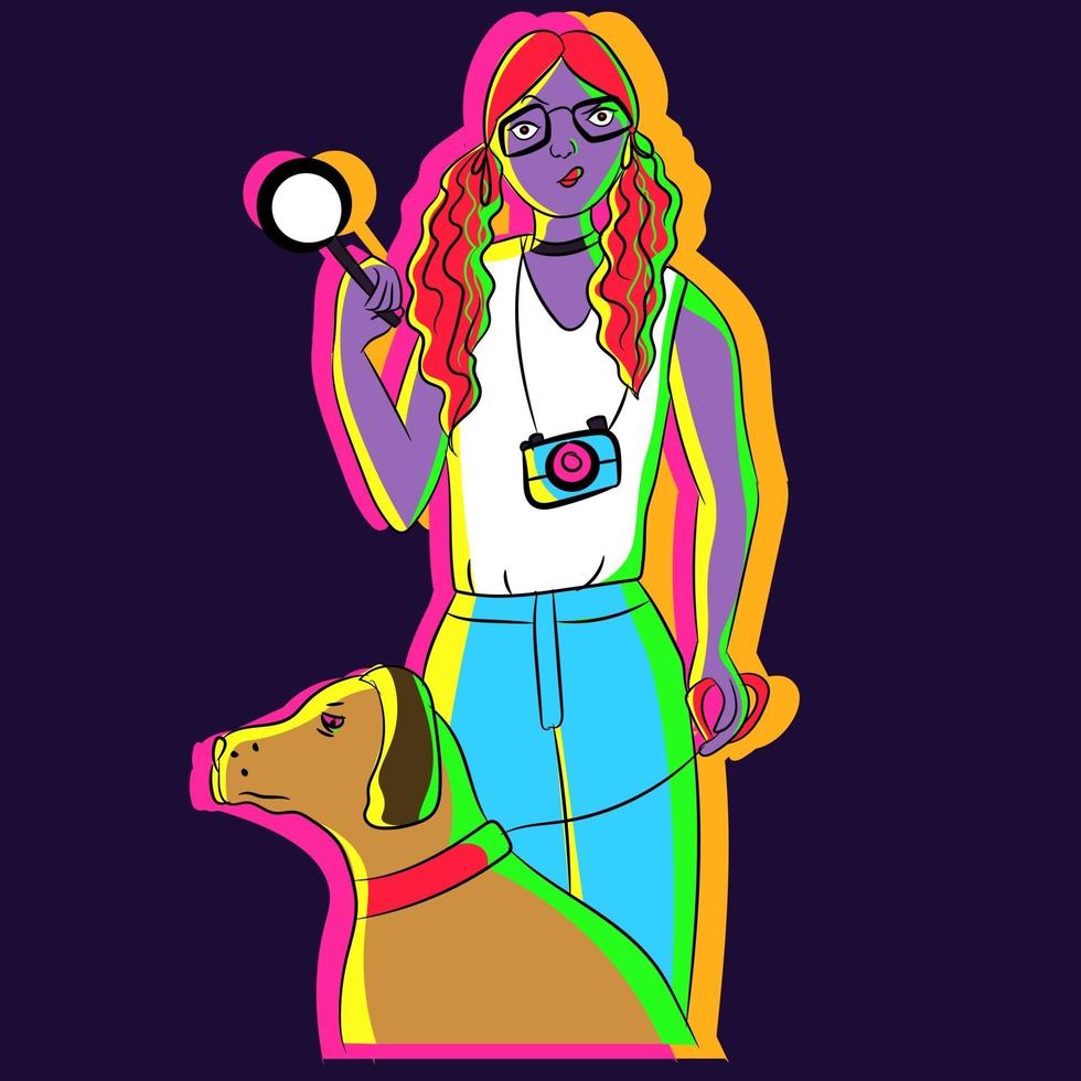 Ilustración de neón de una chica nerd sosteniendo un perro con una correa vector