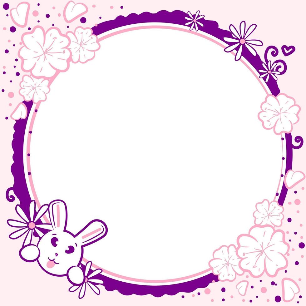 marco kawaii rosa y morado con un conejito y flores de sakura vector