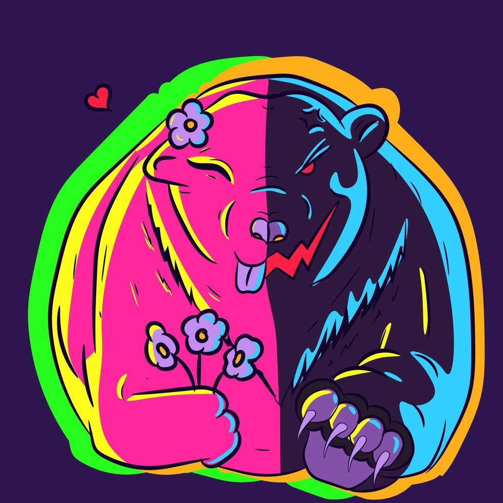 Neon illustration of a bipolar polar bear with a happy side vector