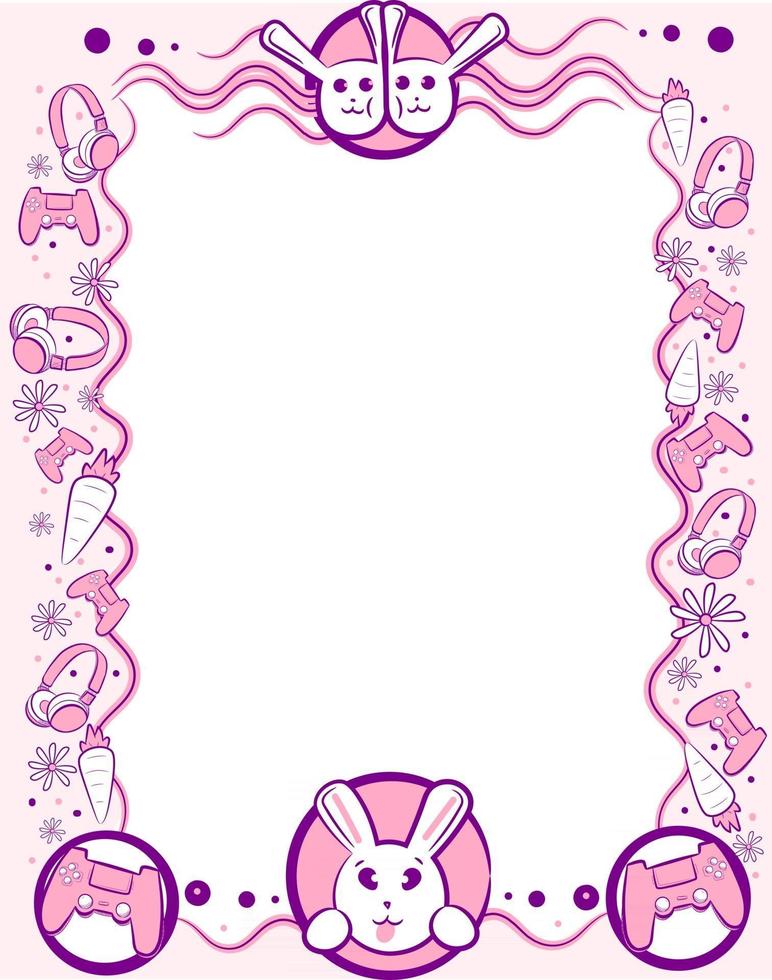 Pink and purple kawaii frame with bunnies for gamers vector