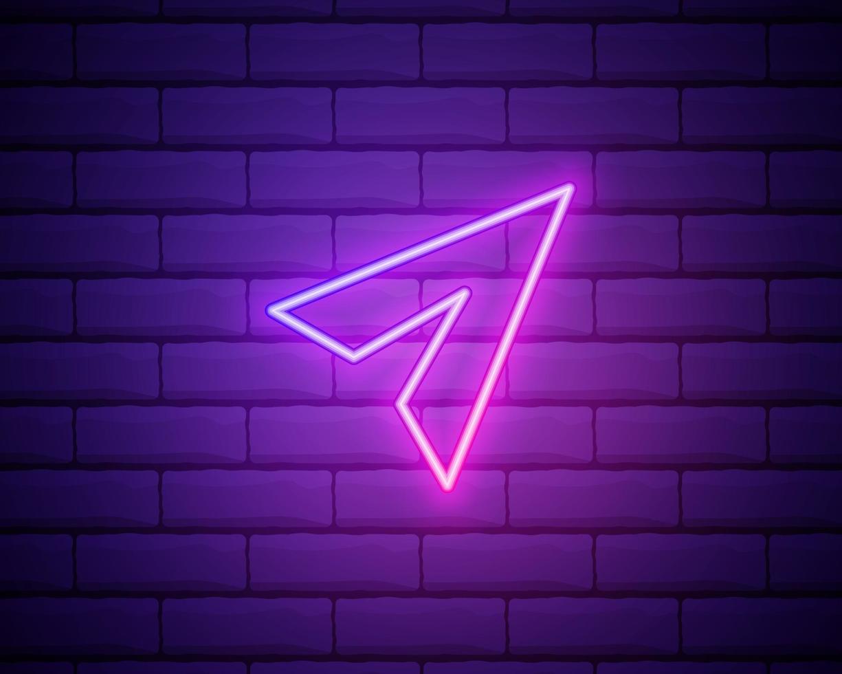 Lilac pink neon sign on brick wall Paper plane icon vector. Send vector