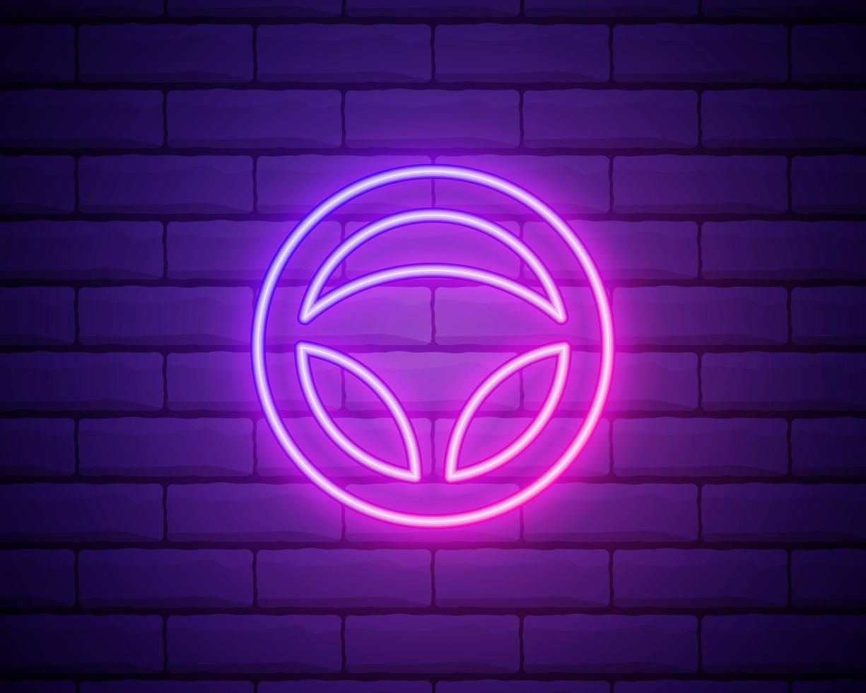Glowing neon Steering wheel icon isolated on brick wall background. vector
