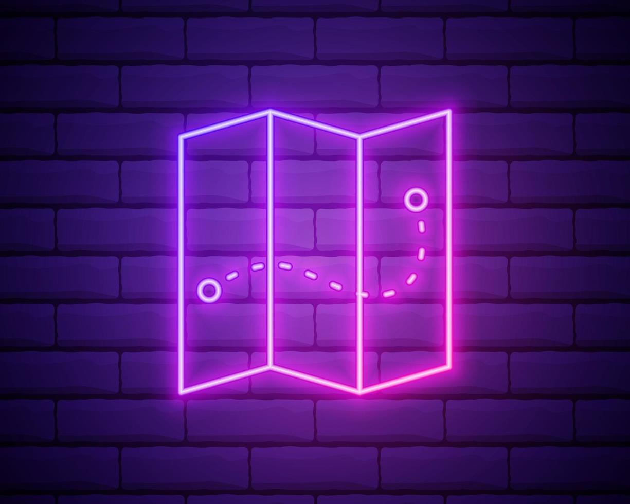 Glowing neon line Folded map icon isolated on brick wall background. vector