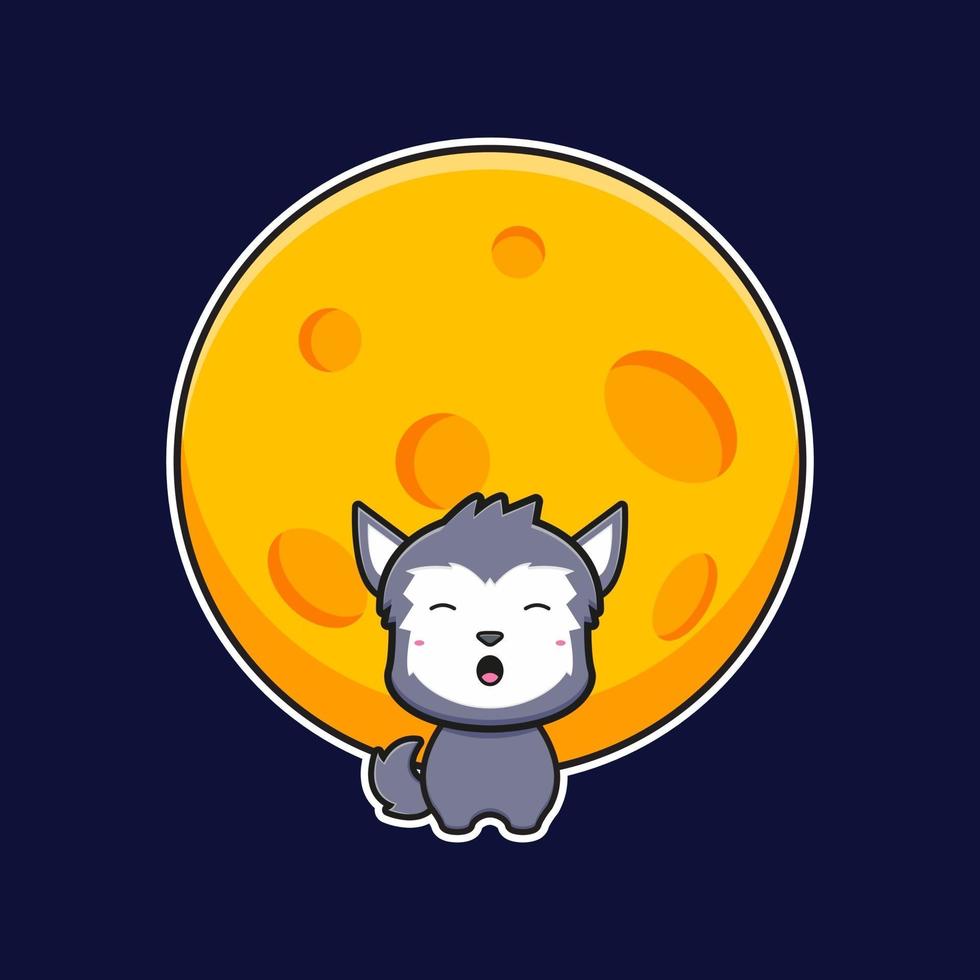 Cute wolf howl at the full moon cartoon icon illustration vector