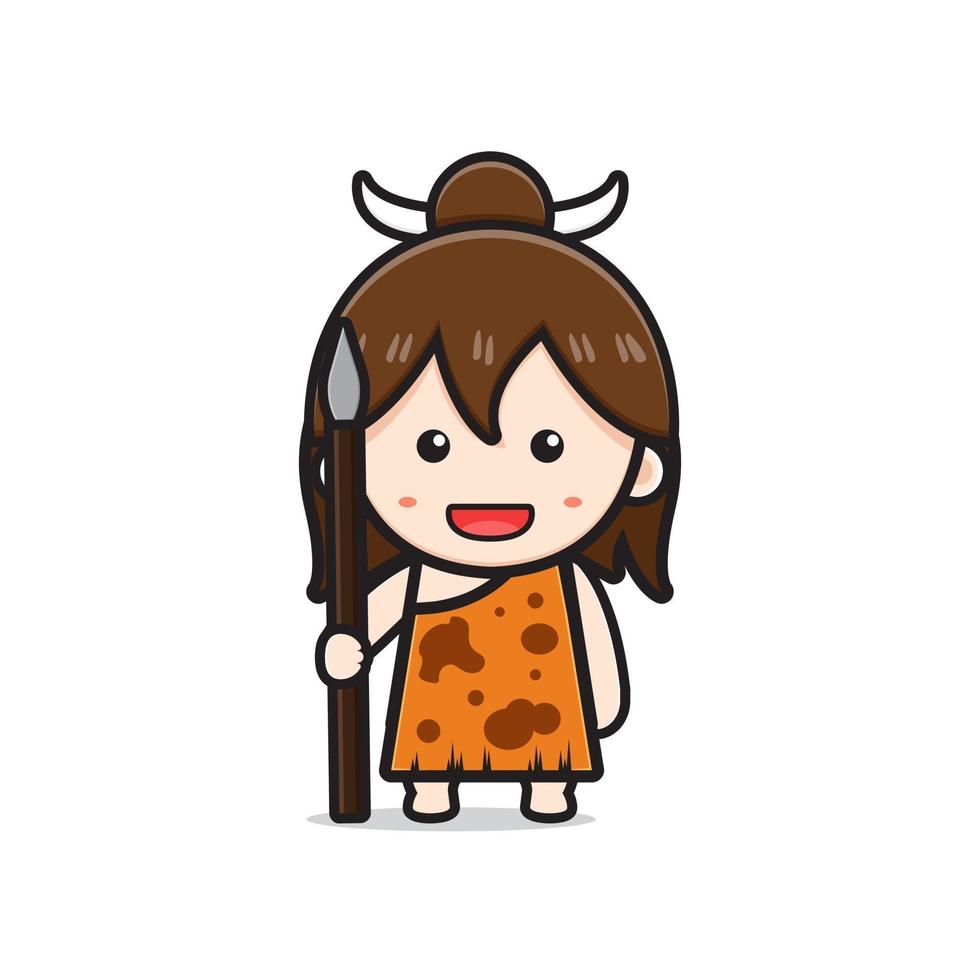 linda chica primitiva de la cueva con lanza ilustración de icono de dibujos animados vector