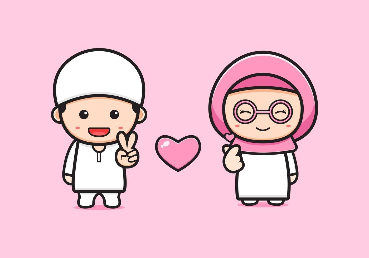 Cute muslim couple cartoon icon illustration vector