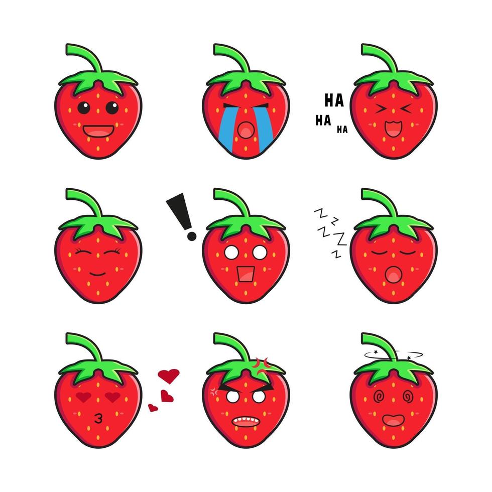 Set collection cute strawberry emoticon cartoon icon illustration vector