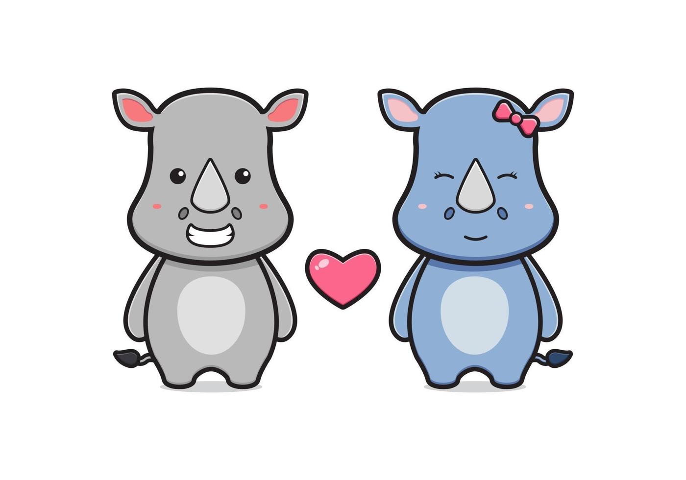 Cute rhino couple cartoon icon illustration vector