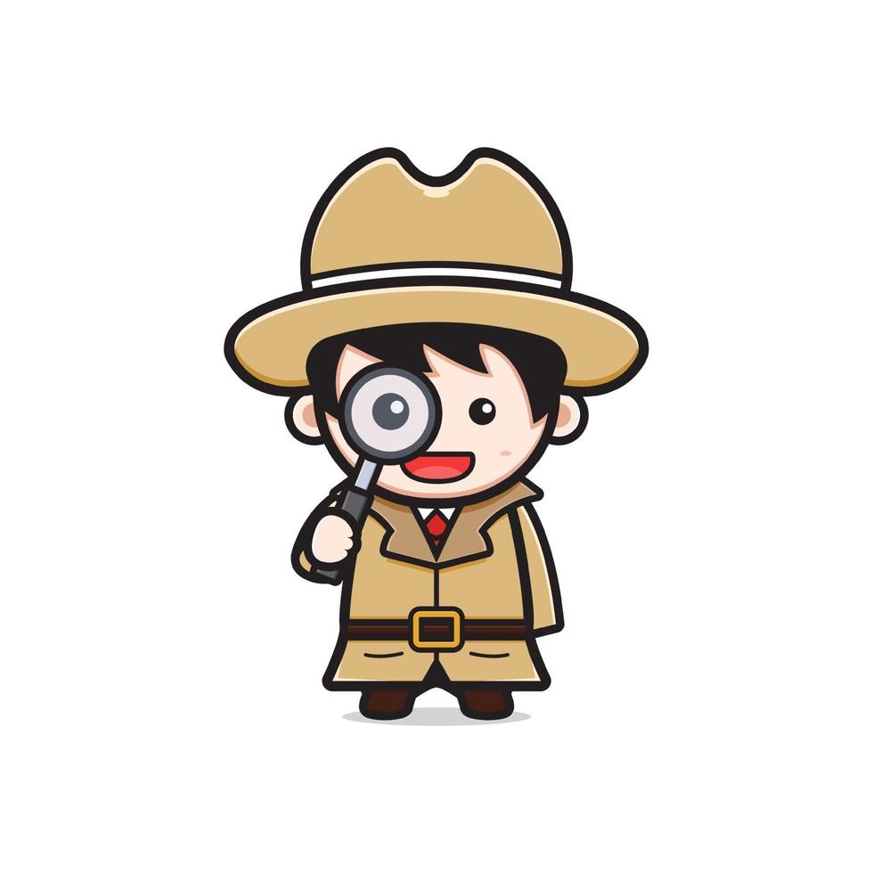 Cute detective holding a magnifying glass cartoon icon illustration vector