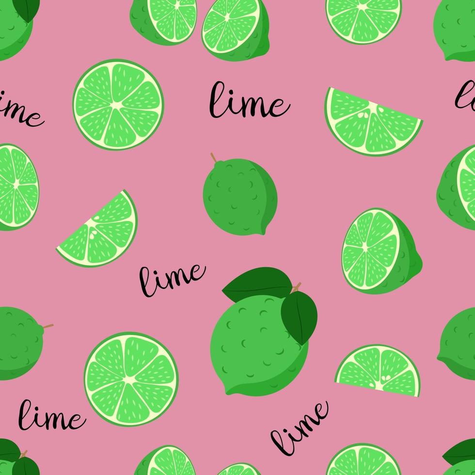 Lime pattern. Whole citrus fruit and slices. Seamless background vector