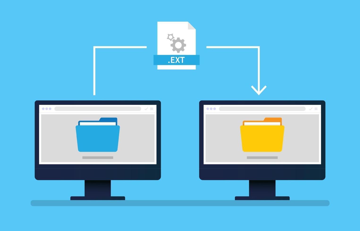 File transfer computer between two monitor concept. vector