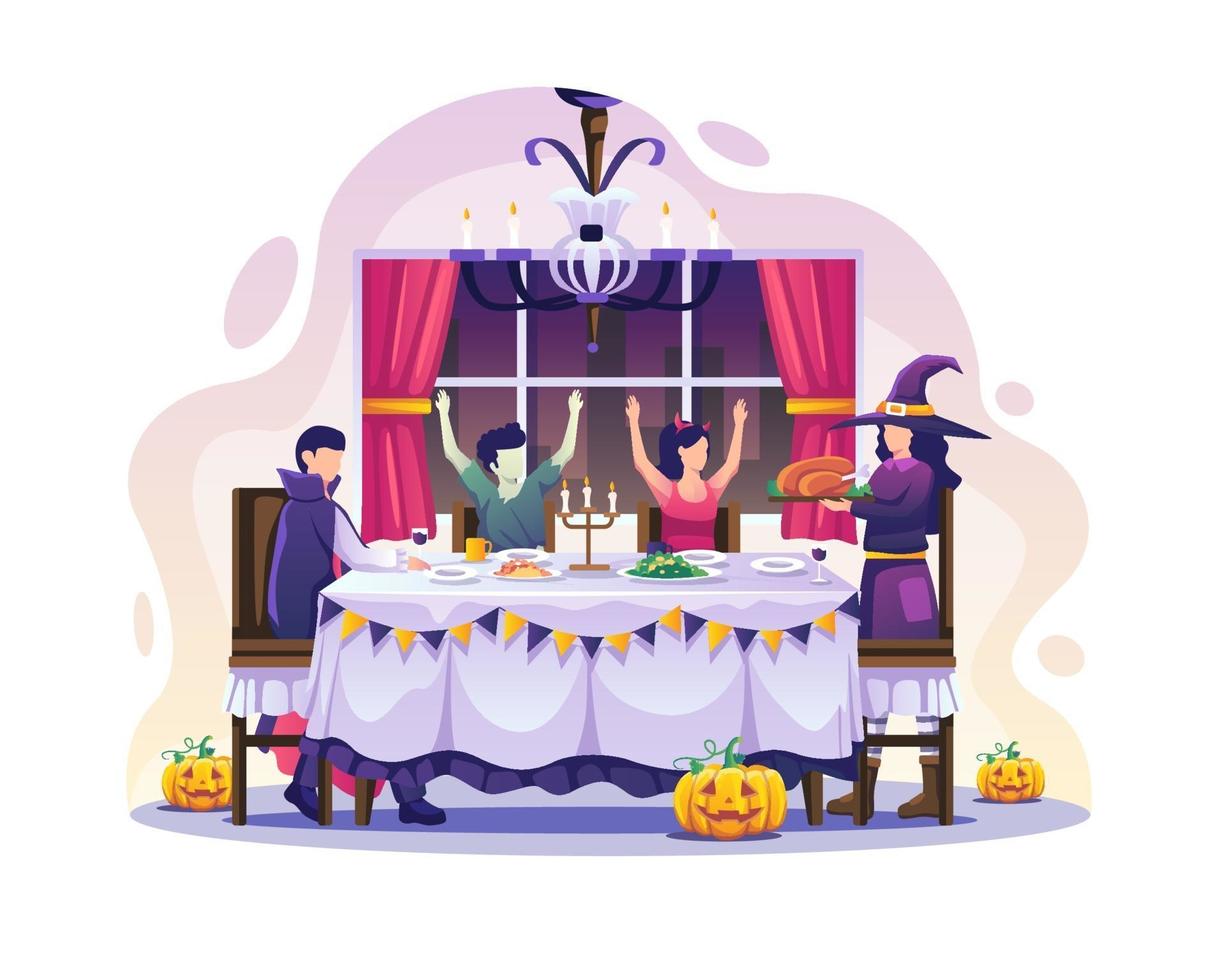 Familia cenando con disfraces en la ilustración de vector de halloween