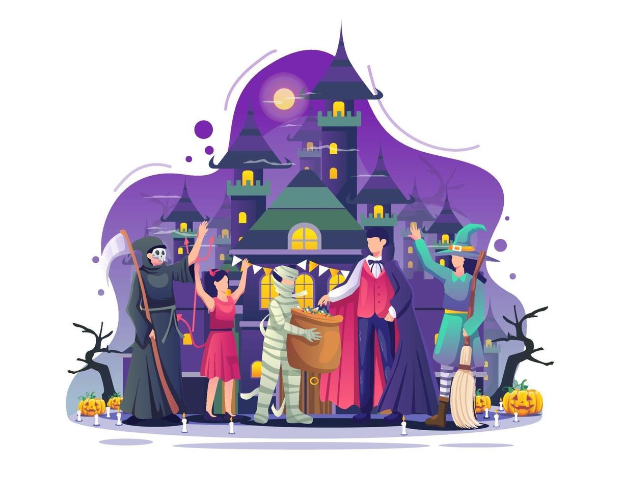la gente usa disfraces celebran halloween frente a la ilustración del castillo vector