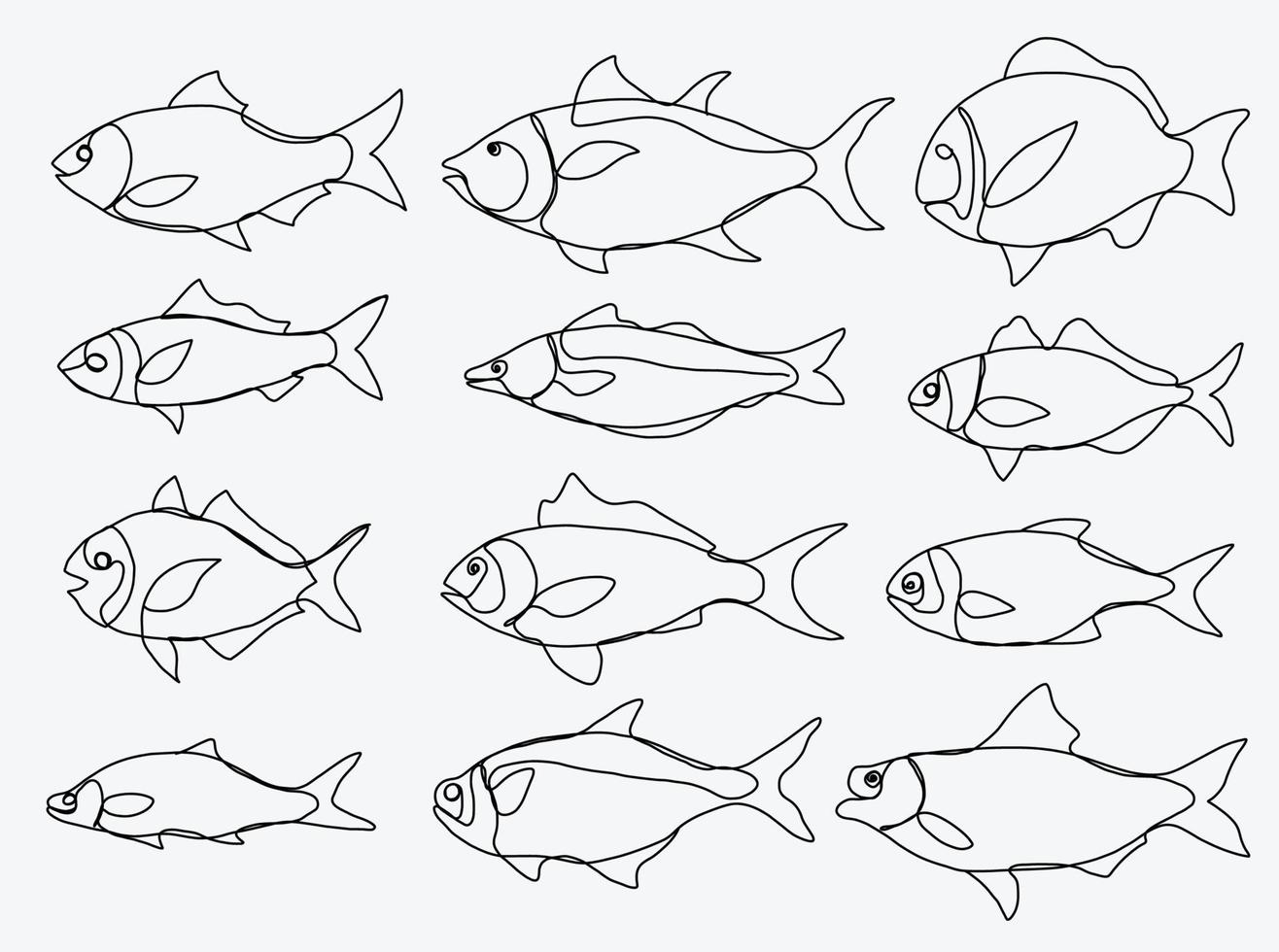 Doodle boceto a mano alzada dibujo continuo de la colección de peces. vector