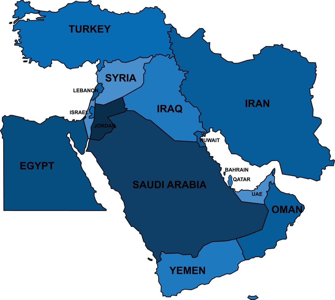 Blue Middle East map on white background. Vector illustration.